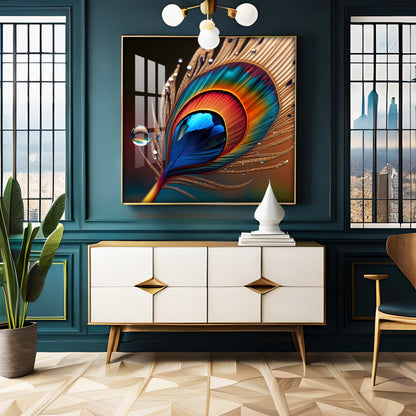 Vibrant Color Peacock Feather Premium Square Vertical Wall Art