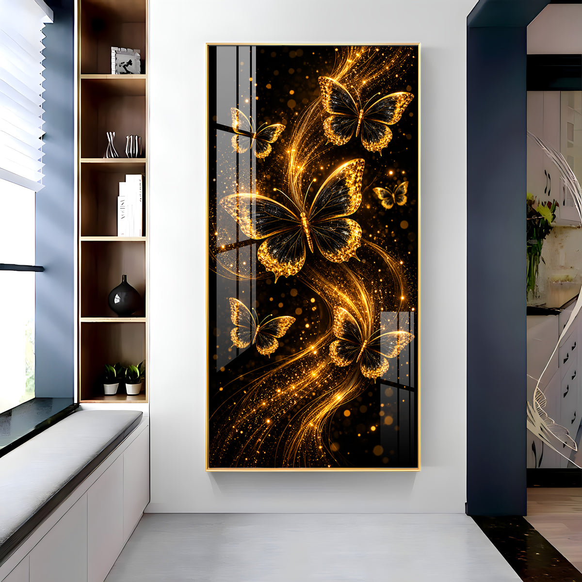 Elegant Golden Sparkle Butterflies Premium Acrylic Vertical Wall Art