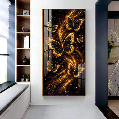 Elegant Golden Sparkle Butterflies Premium Acrylic Vertical Wall Art
