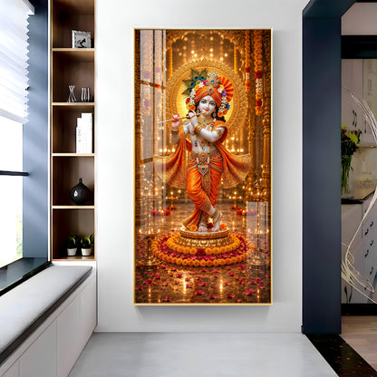 Divine Lord Krishna Playing Flute Premium Acrylic Vertical Wall Art