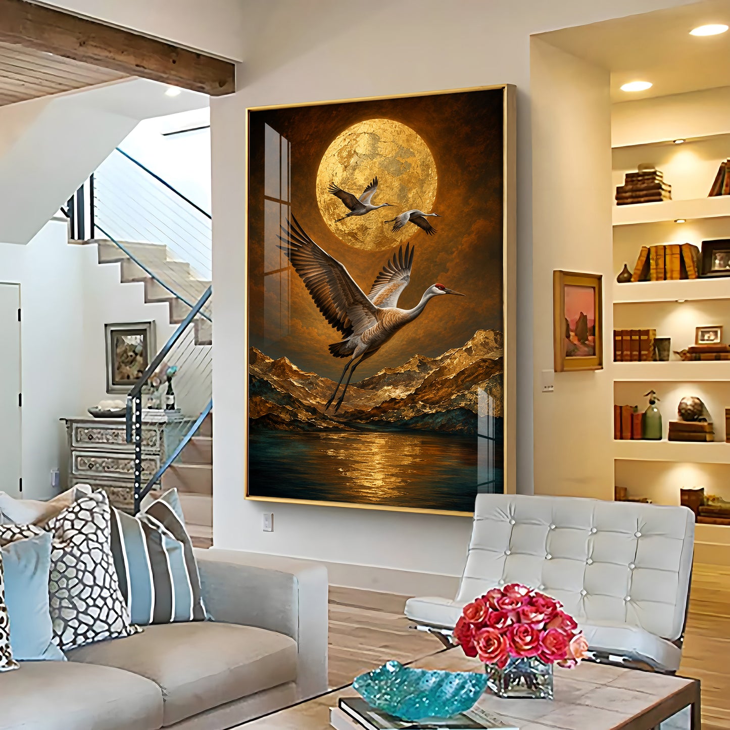 Golden Moon & Flying Cranes Premium Acrylic Vertical Wall Art