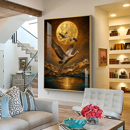 Golden Moon & Flying Cranes Premium Acrylic Vertical Wall Art