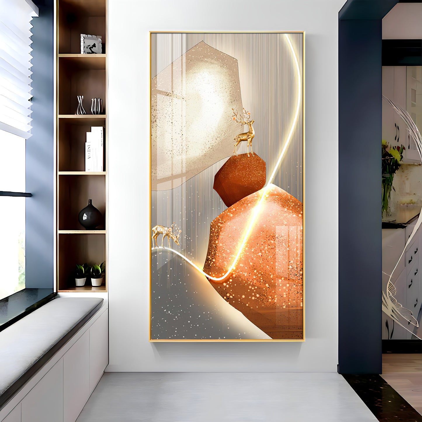 Golden Deer With Orange Rock Premium Acrylic Vertical Wall Art
