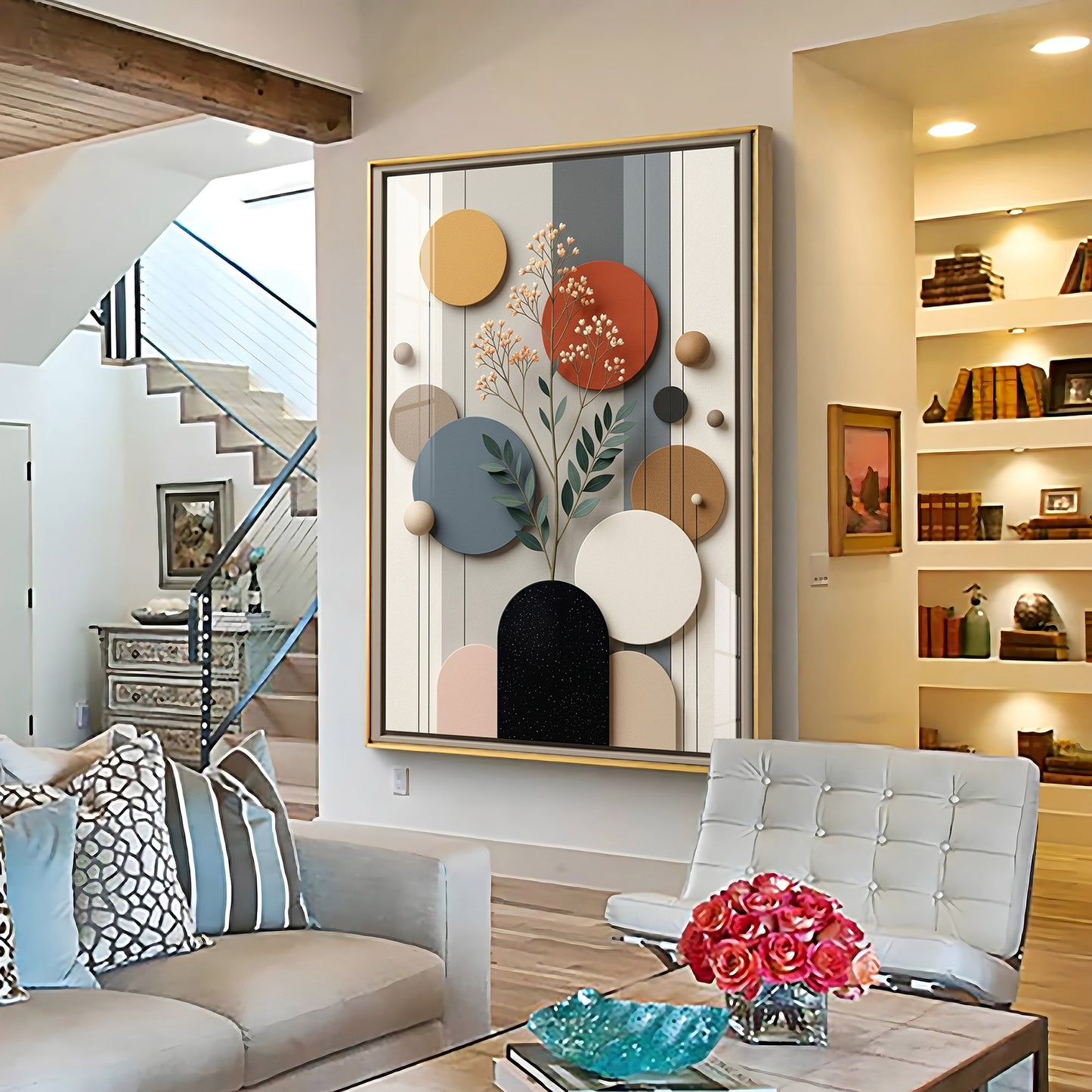 Modern Geometric Spheres with Floral Branch Premium Acrylic Vertical Wall Art