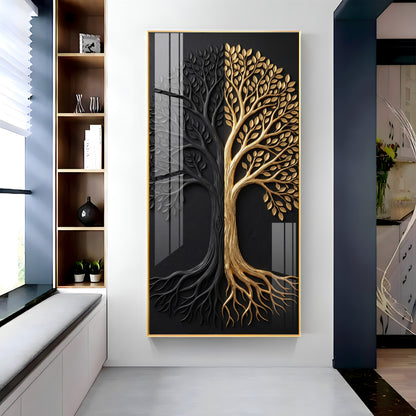Dual Tone Black and Metallic Gold Tree Premium Acrylic Vertical Wall Art