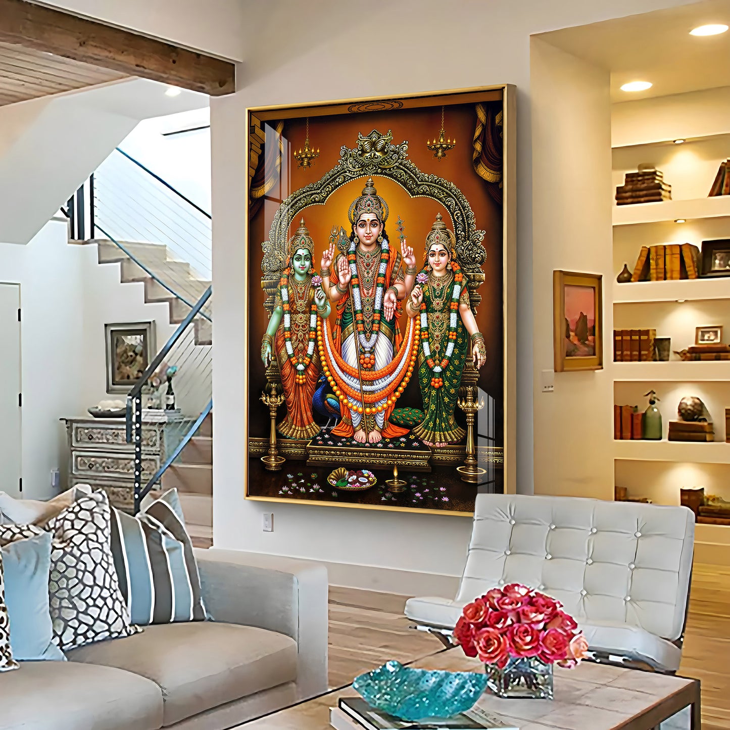 Lord Murugan Valli Deivanai Subramanya Swamy Premium Vertical Acrylic Wall Art