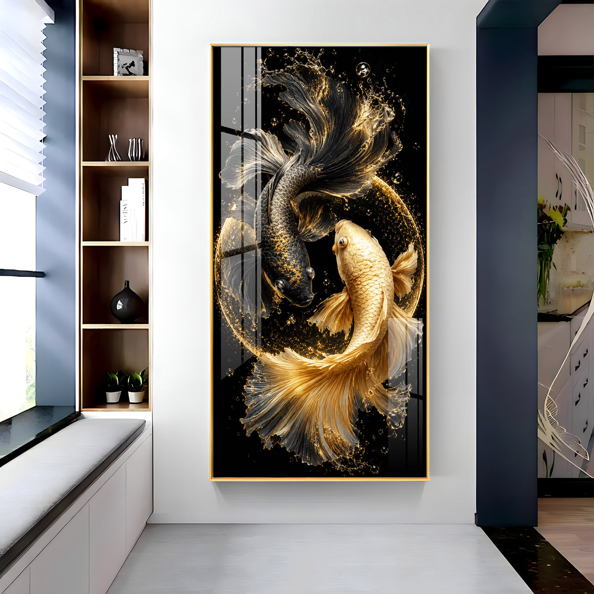 Yin Yang Golden & Black Koi Fish Premium Acrylic Vertical Wall Art