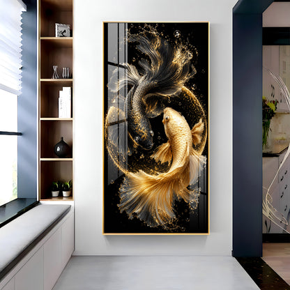 Yin Yang Golden & Black Koi Fish Premium Acrylic Vertical Wall Art