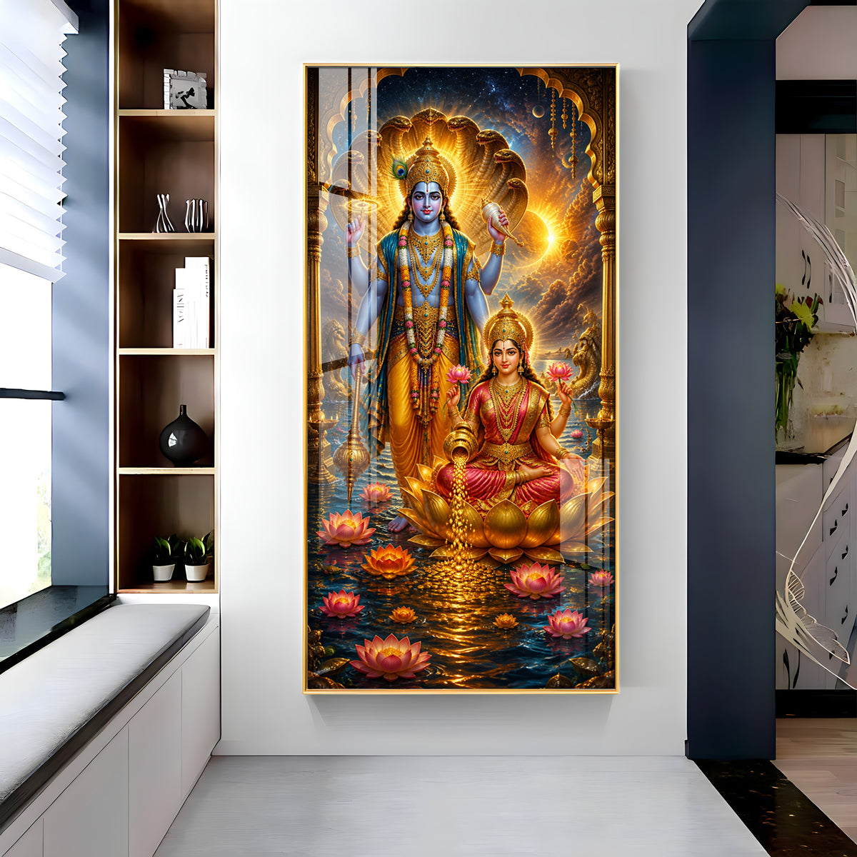 Sacred Lord Vishnu & Goddess Lakshmi Cosmic Premium Acrylic Vertical Wall Art