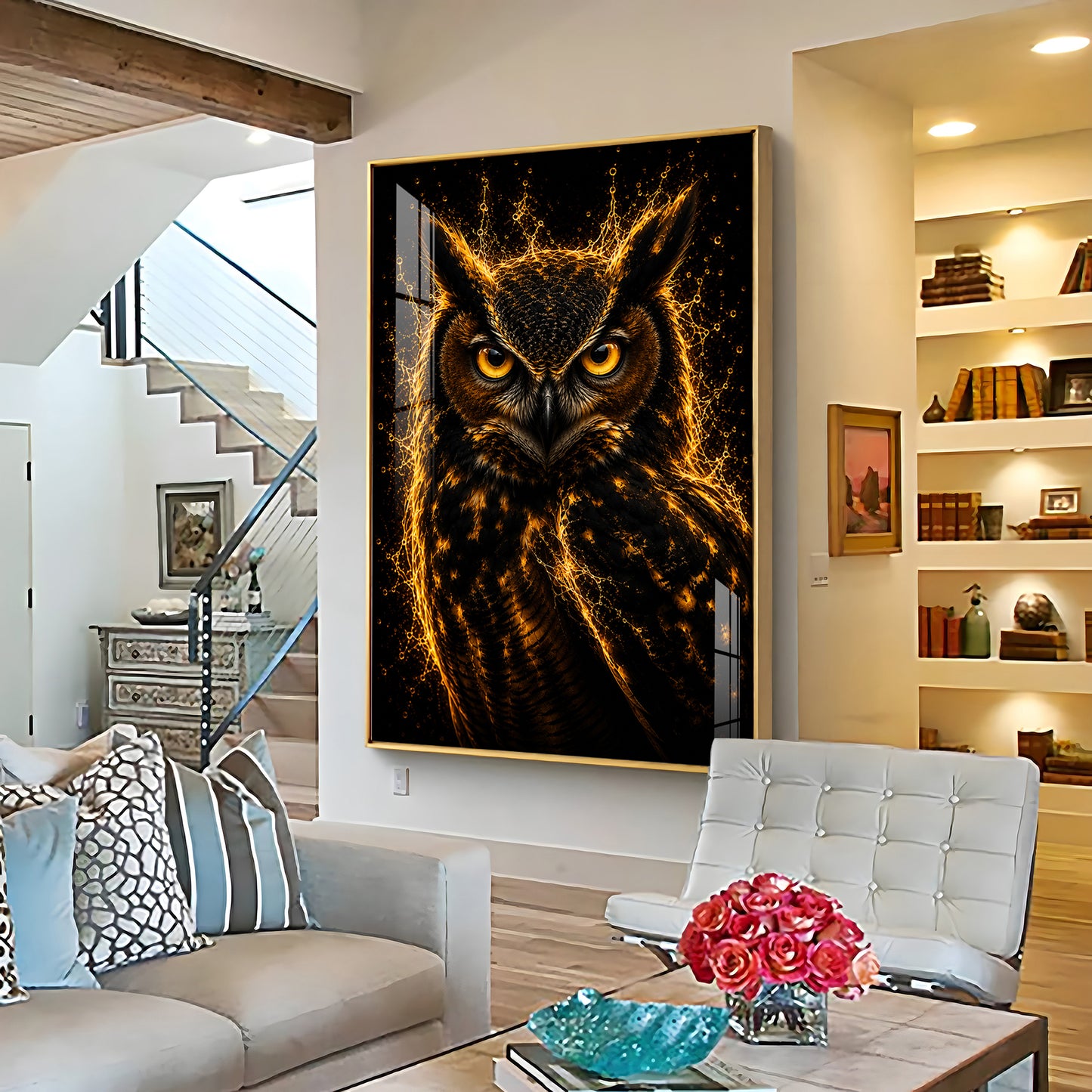 Golden Flame Owl Premium Acrylic Vertical Wall Art
