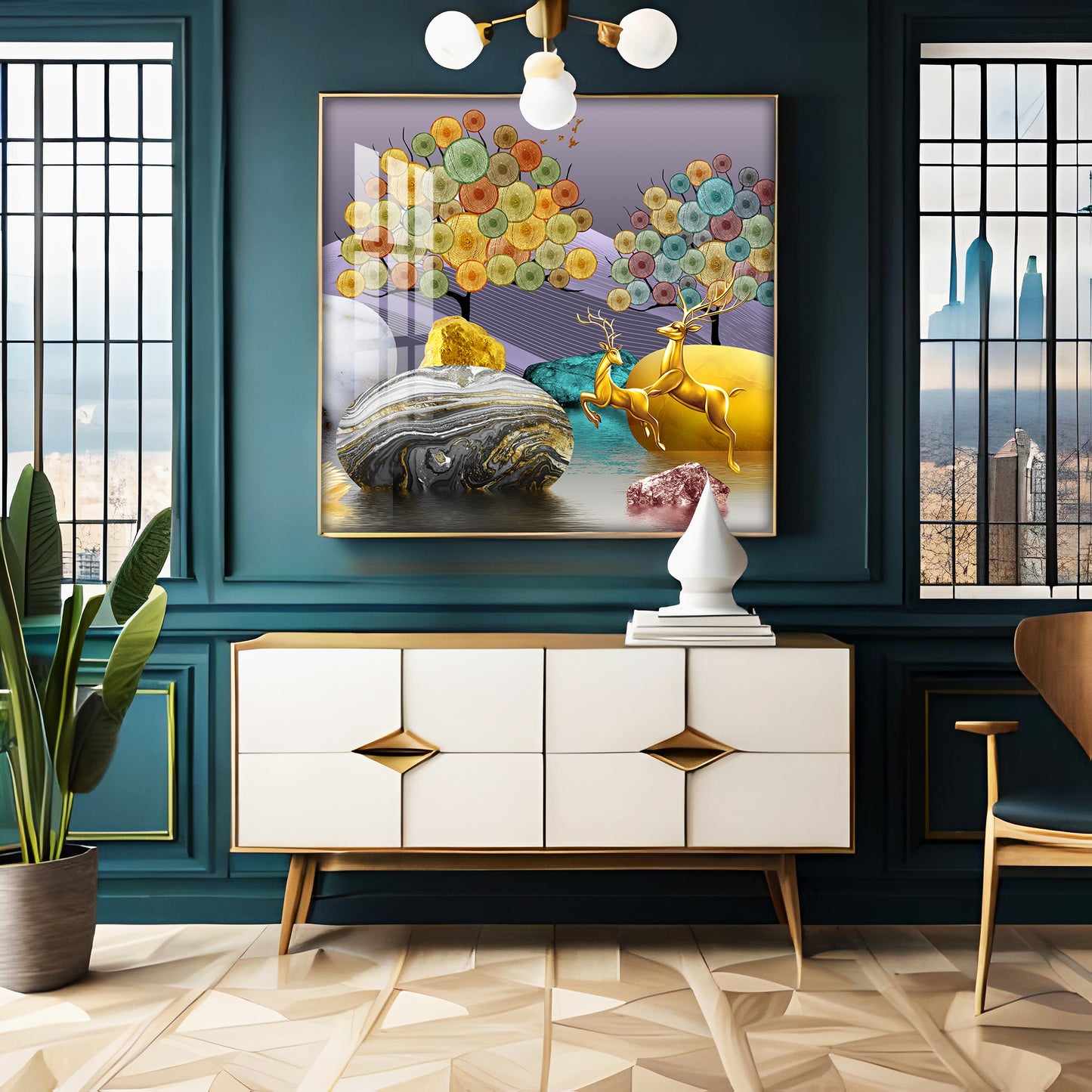 Modern Colorful Background With Golden Deer Premium Acrylic Square Wall Art