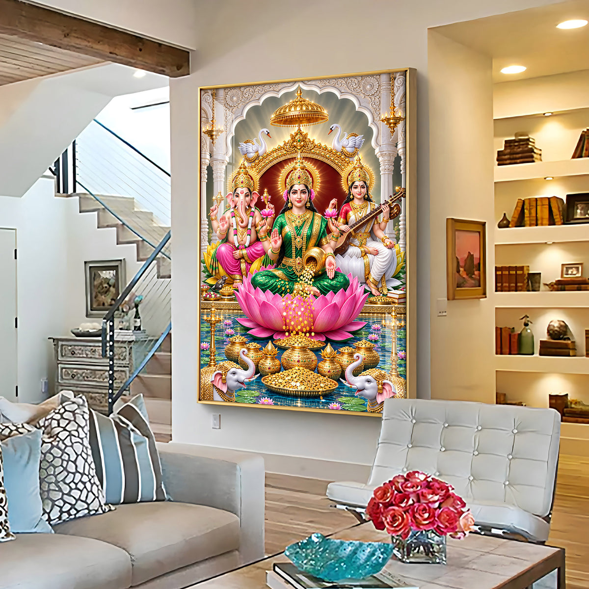 Maa Laxmi Ji, Maa Saraswati & Ganesh Ji Premium Acrylic Vertical Wall Art