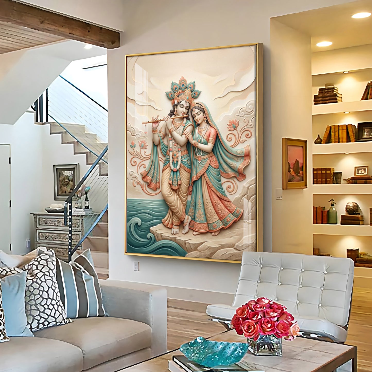 Radha Krishna Standing Together Premium Acrylic Vertical Wall Art