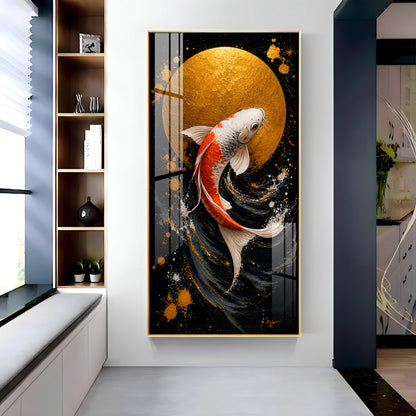 Golden Moon & Swimming Koi Fish Premium Acrylic Vertical Wall Art