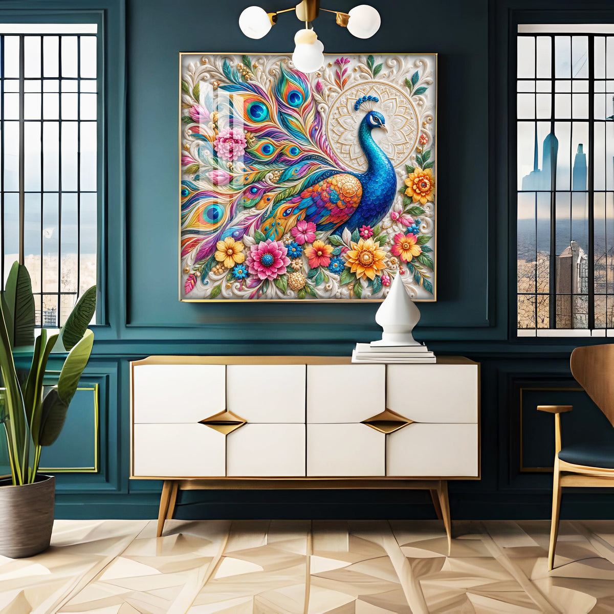 Vibrant Peacock Floral Premium Acrylic Square Wall Art