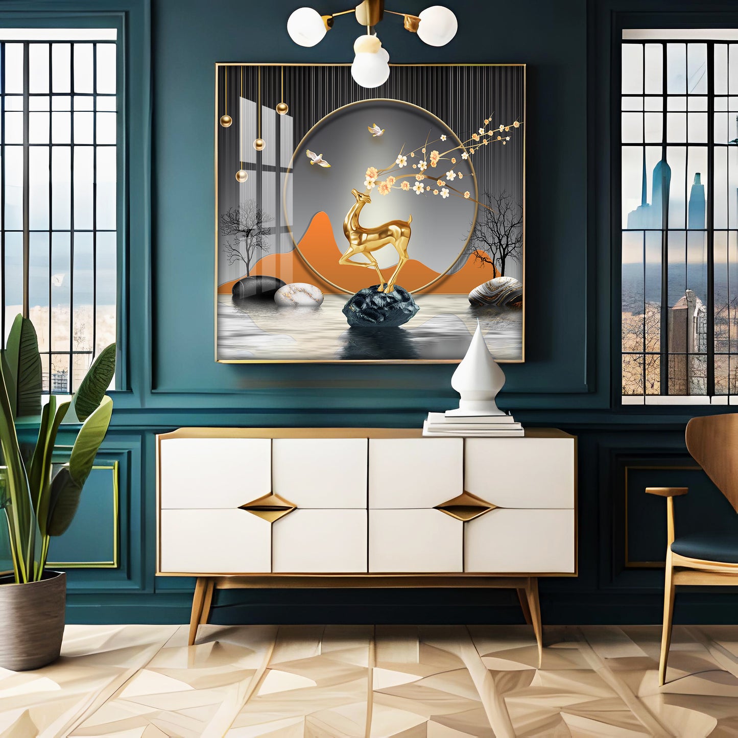 Golden Deer With Elegance Premium Acrylic Square Wall Art