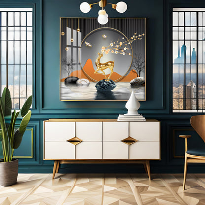 Golden Deer With Elegance Premium Acrylic Square Wall Art