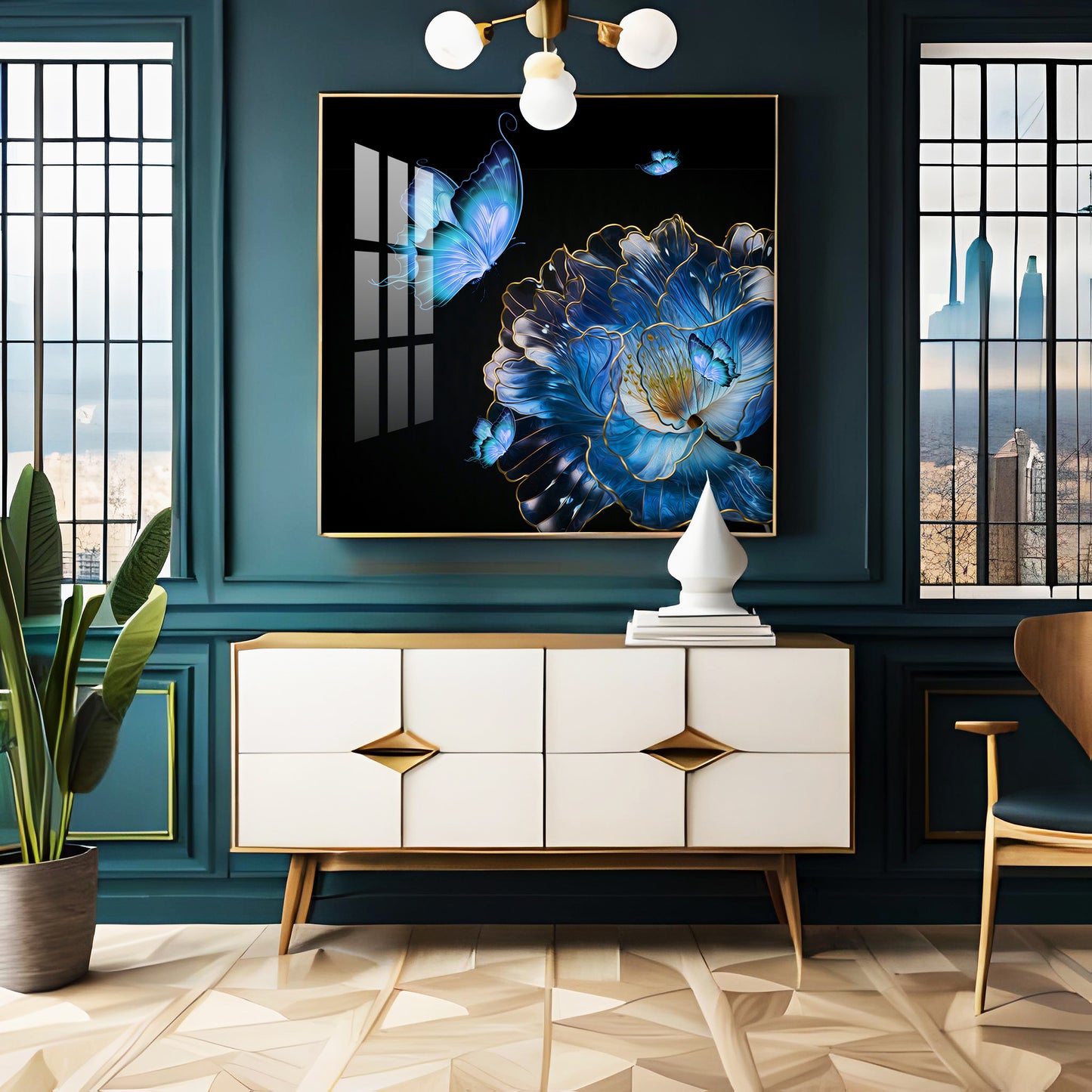 Blue Butterfly With Blue Flower Premium Acrylic Square Wall Art