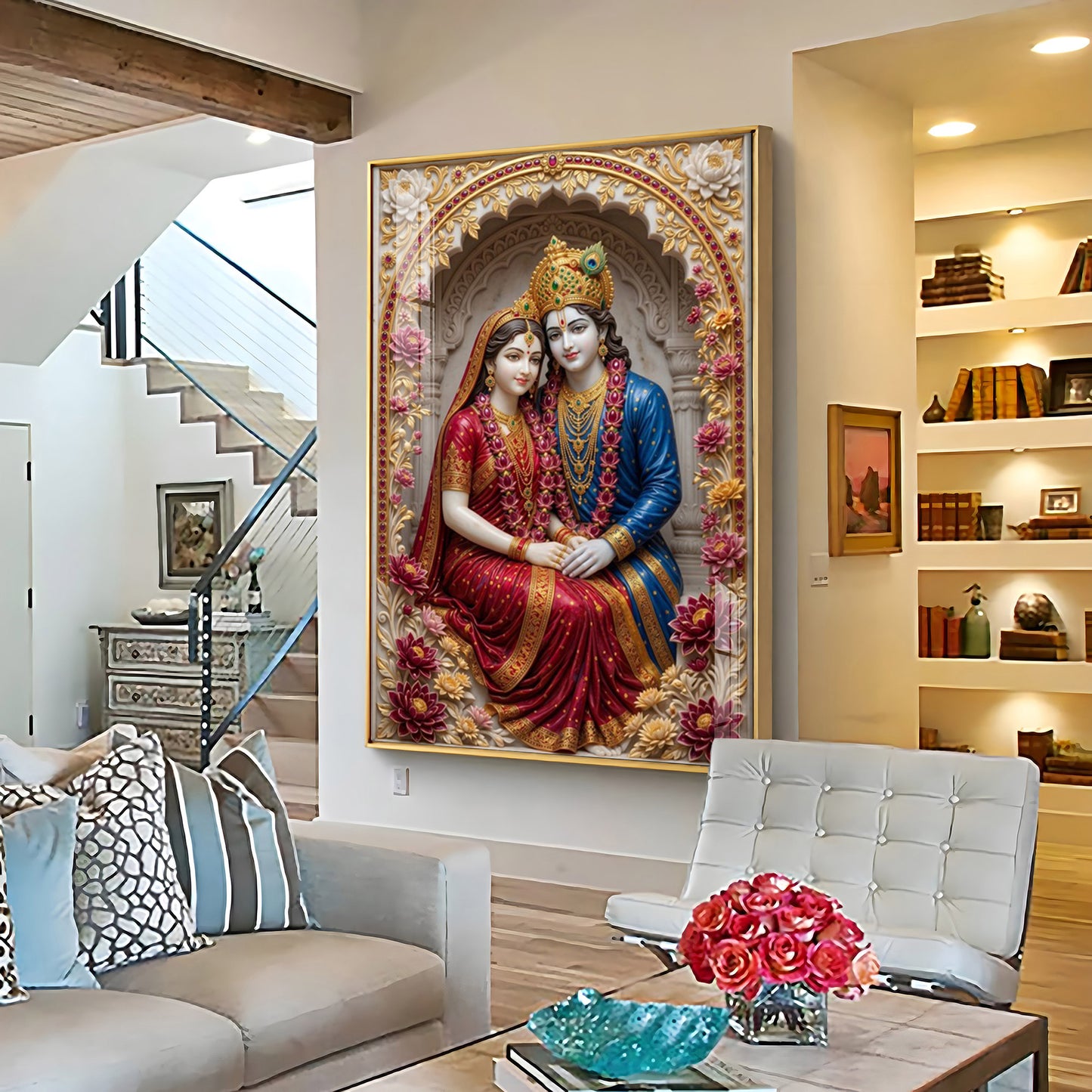 Depiction Of Radha Krishna Seated Together Premium Acrylic Vertical Wall Art