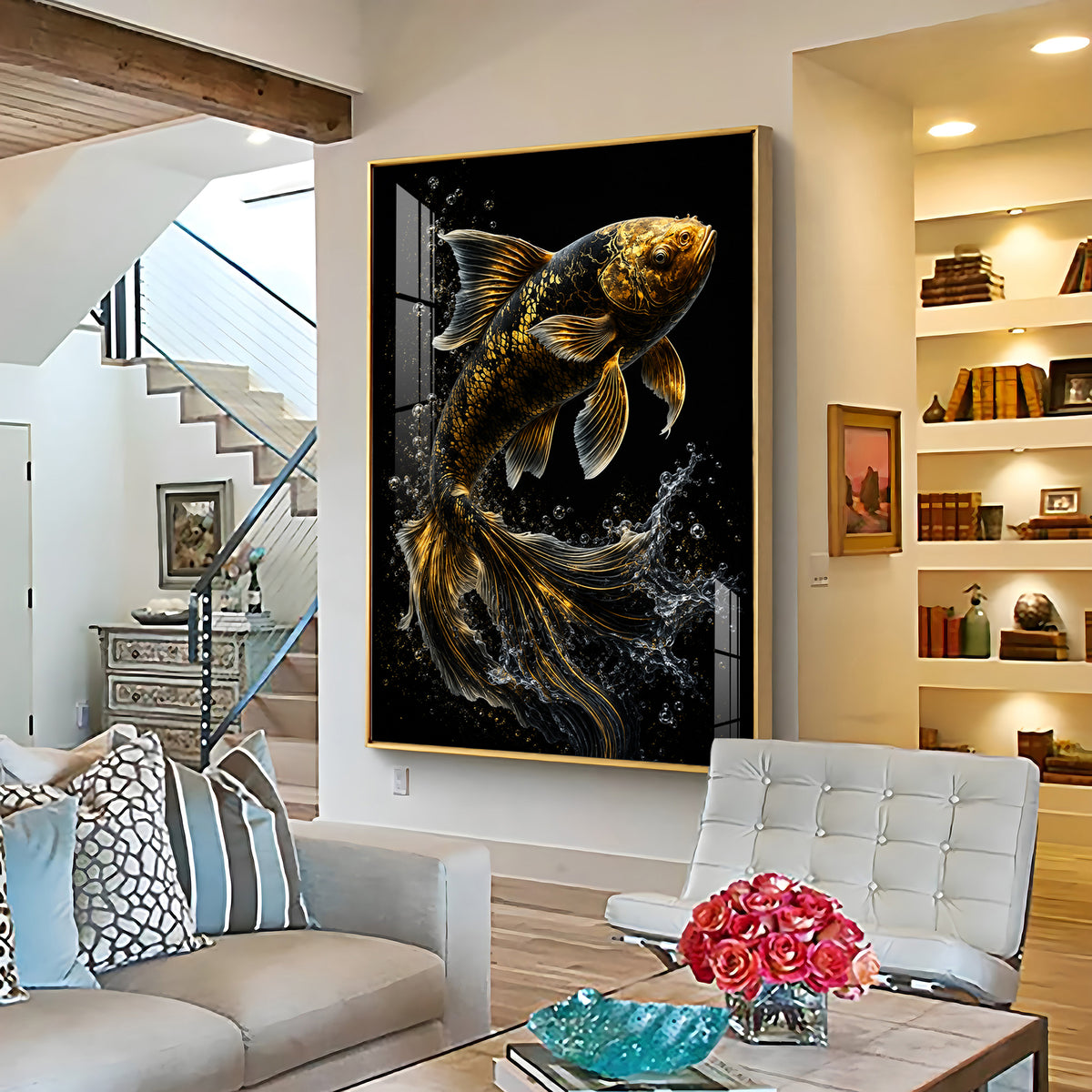Golden Koi Splash Premium Acrylic Vertical Wall Art