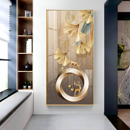 Golden Deer With Leaf Premium Acrylic Vertical Wall Art