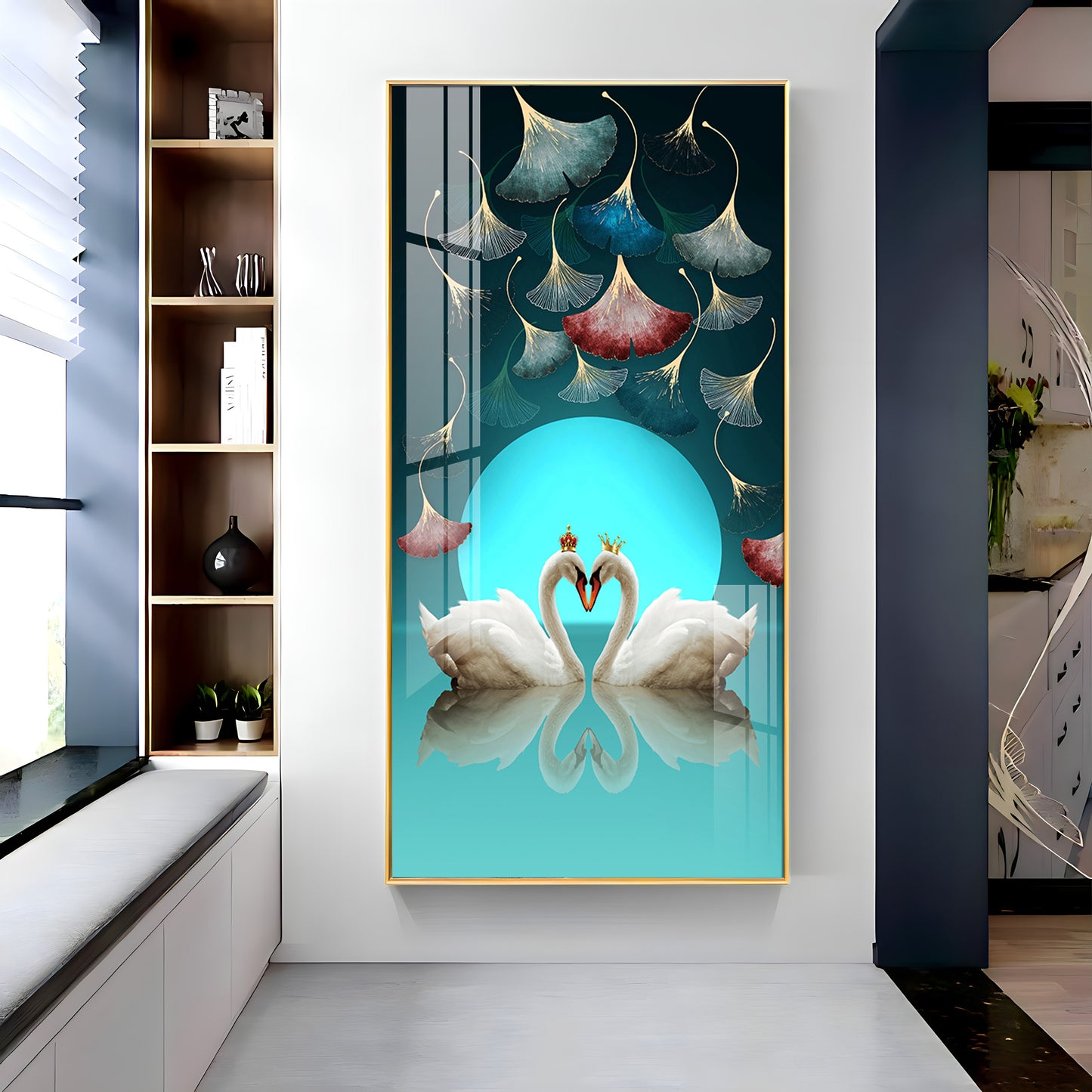 Couple Swan With Ginkgo Leaves Premium Acrylic Vertical Wall Art
