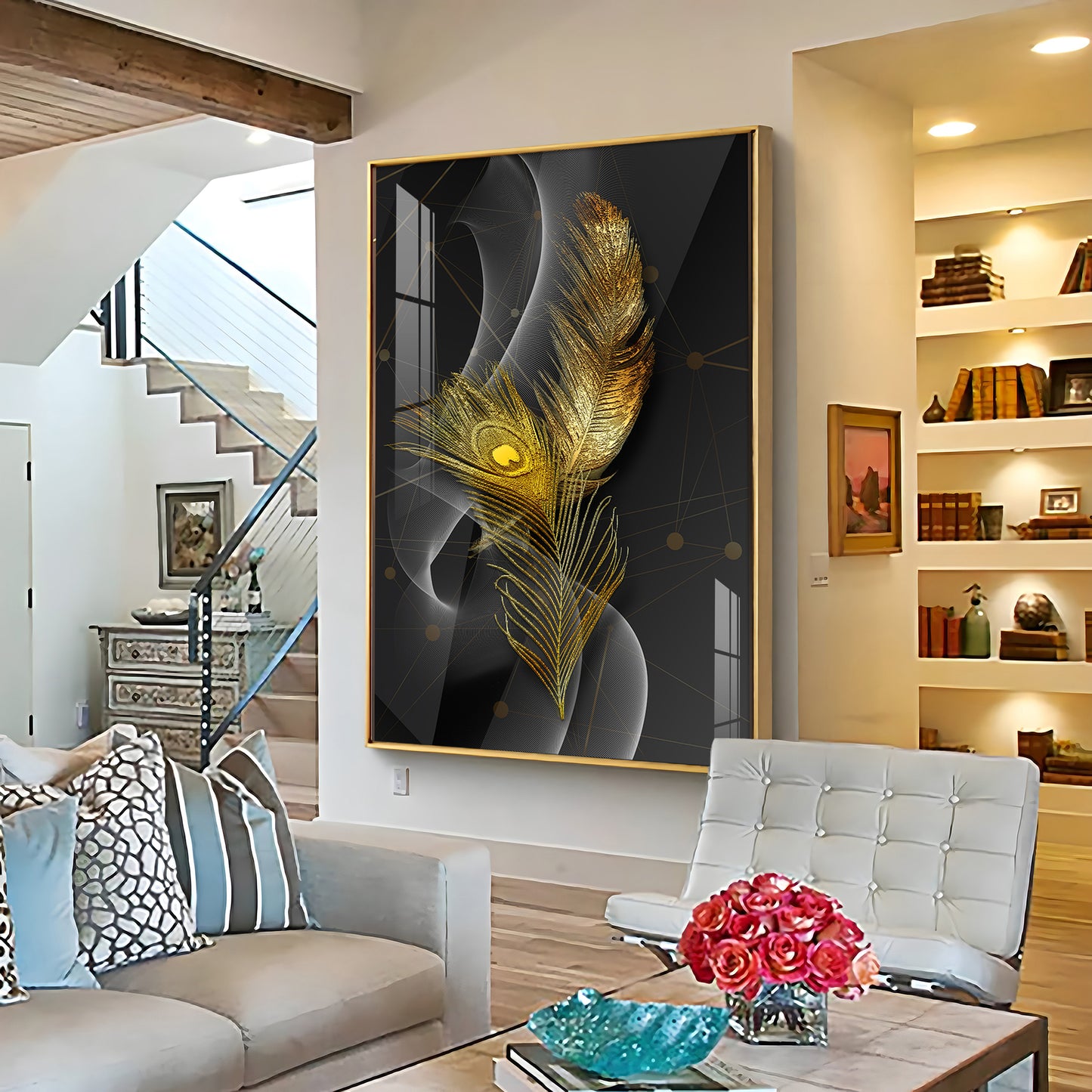 Golden Elegance Feather Premium Acrylic Vertical Wall Art