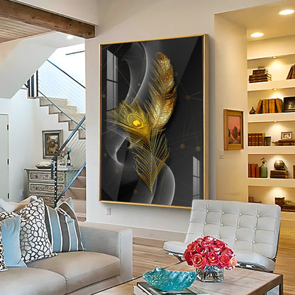 Golden Elegance Feather Premium Acrylic Vertical Wall Art