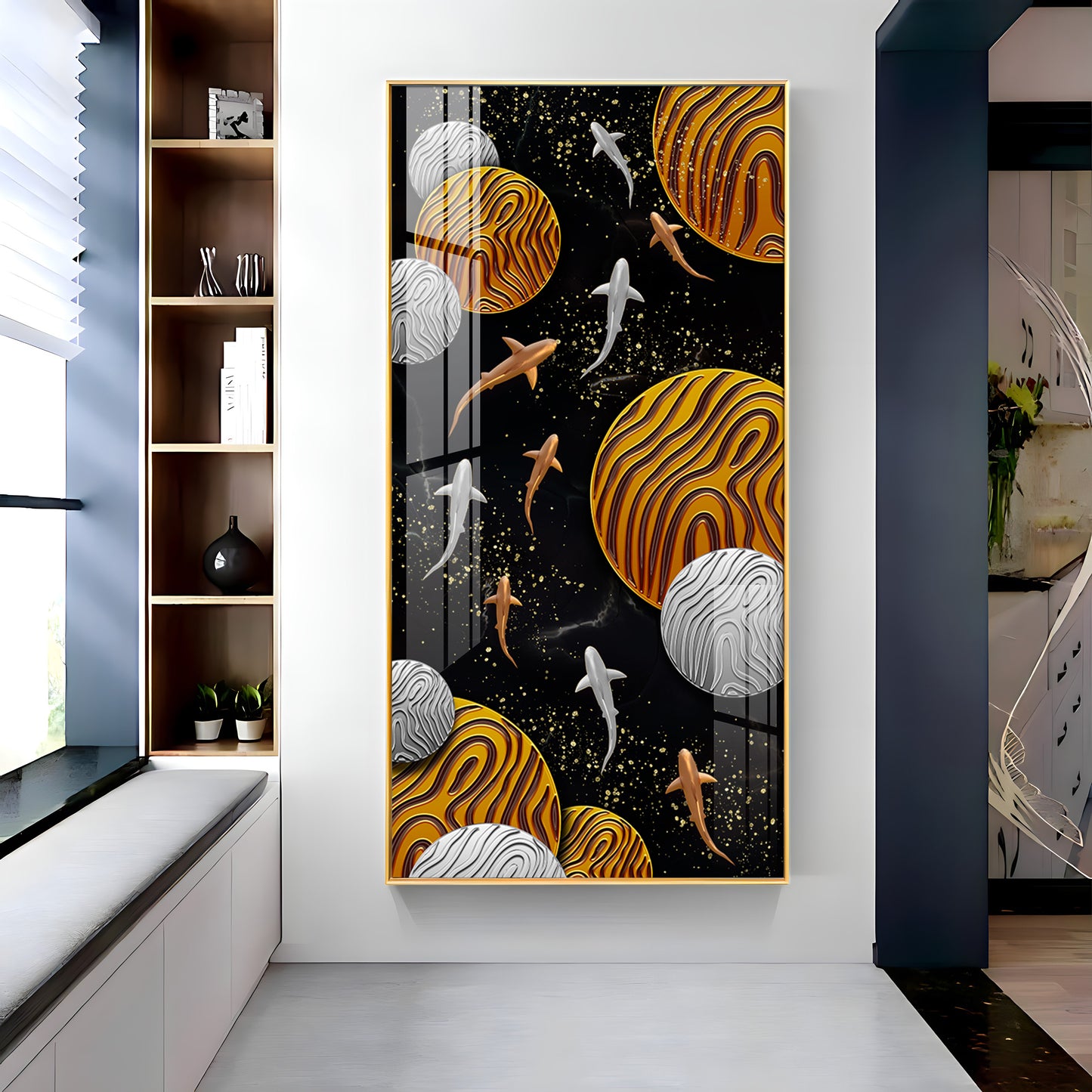 Circular Shapes With Fish Premium Acrylic Vertical Wall Art