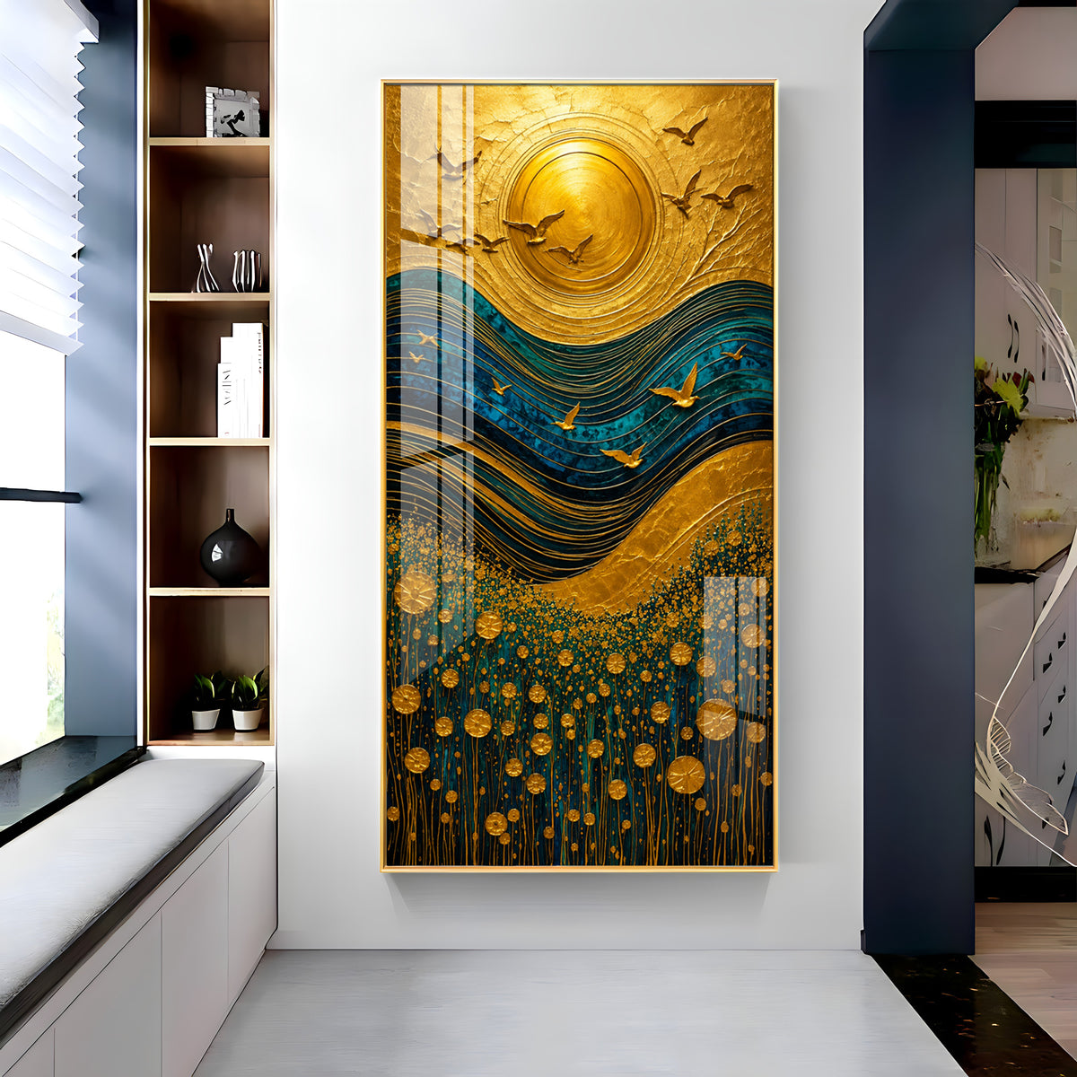 Majestic Golden Sun & Flying Birds Landscape Premium Acrylic Vertical Wall Art