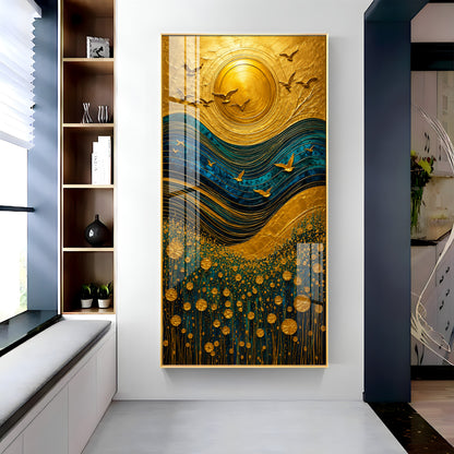 Majestic Golden Sun & Flying Birds Landscape Premium Acrylic Vertical Wall Art