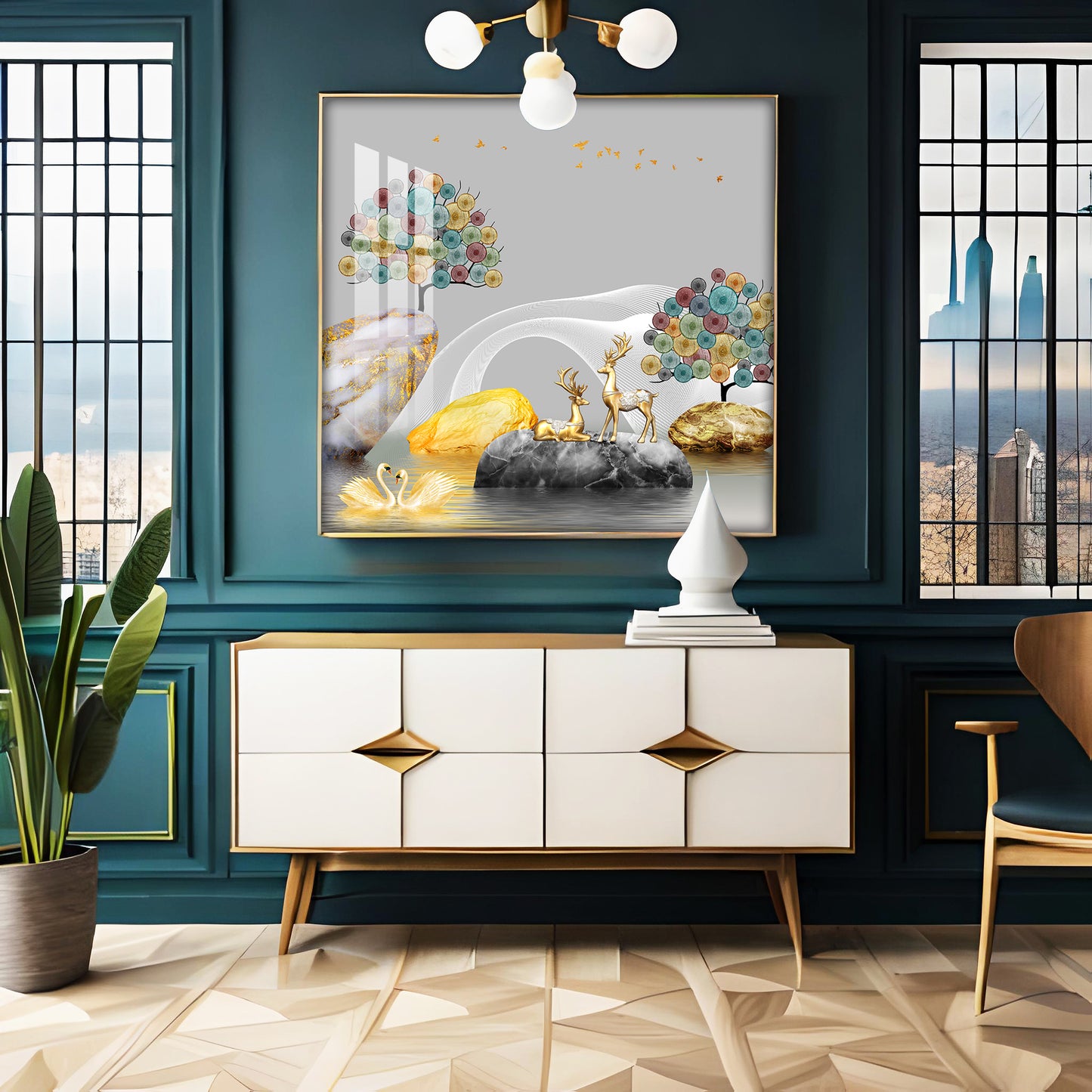 Couple Of Deer & Swan Premium Acrylic Square Wall Art