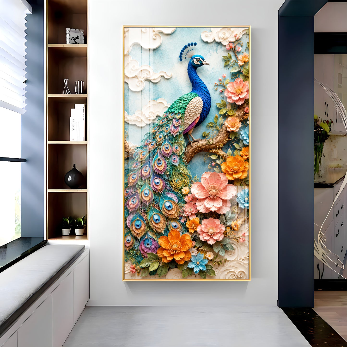 Majestic Peacock & Floral Premium Acrylic Vertical Wall Art