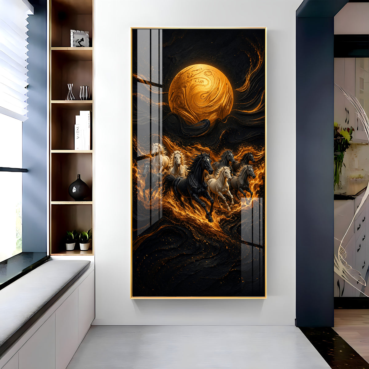 Majestic Running Horses & Golden Moon Premium Acrylic Vertical Wall Art