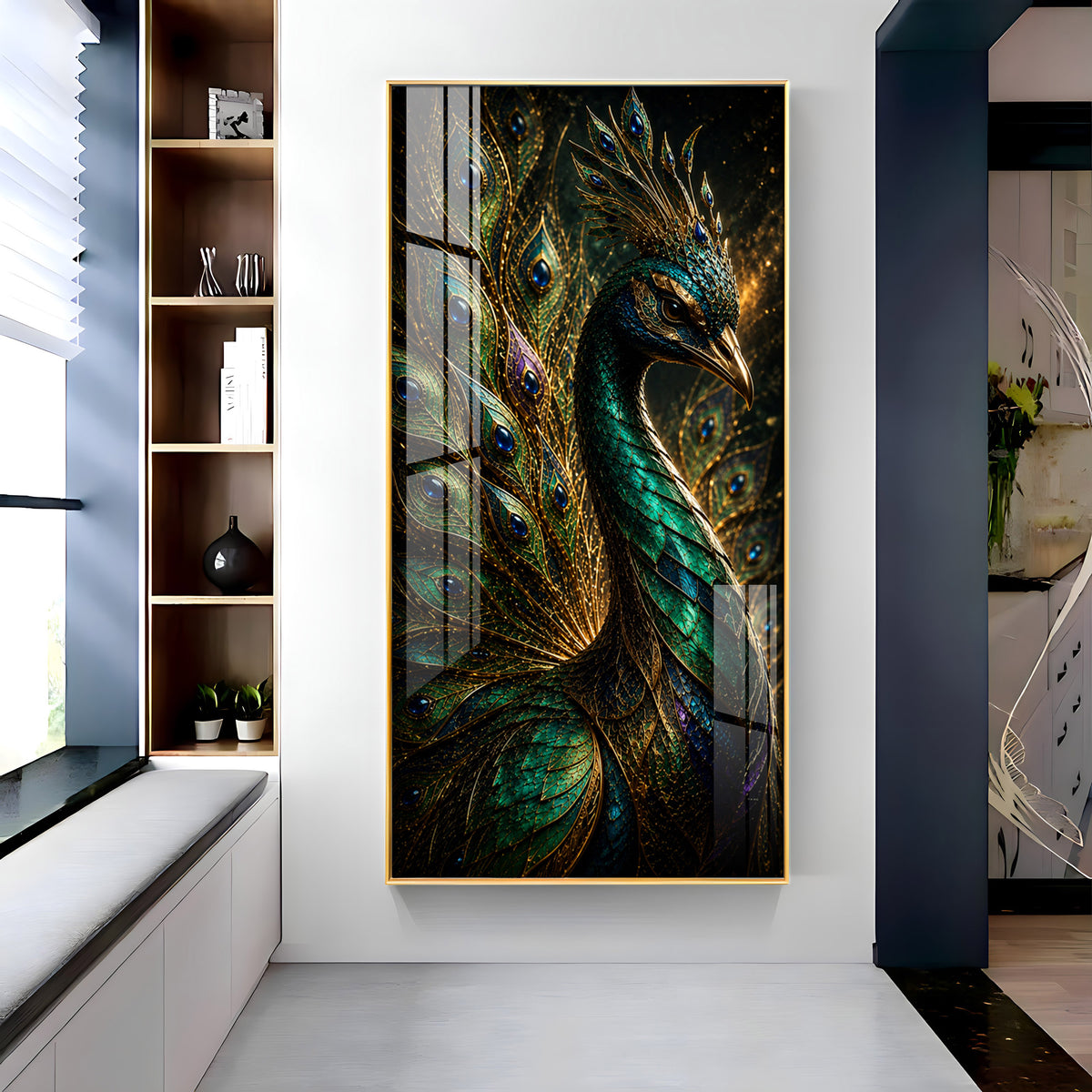 Majestic Jewel Toned Peacock Feather Premium Acrylic Vertical Wall Art