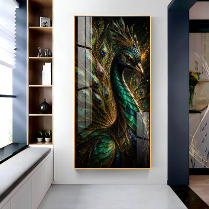 Majestic Jewel Toned Peacock Feather Premium Acrylic Vertical Wall Art