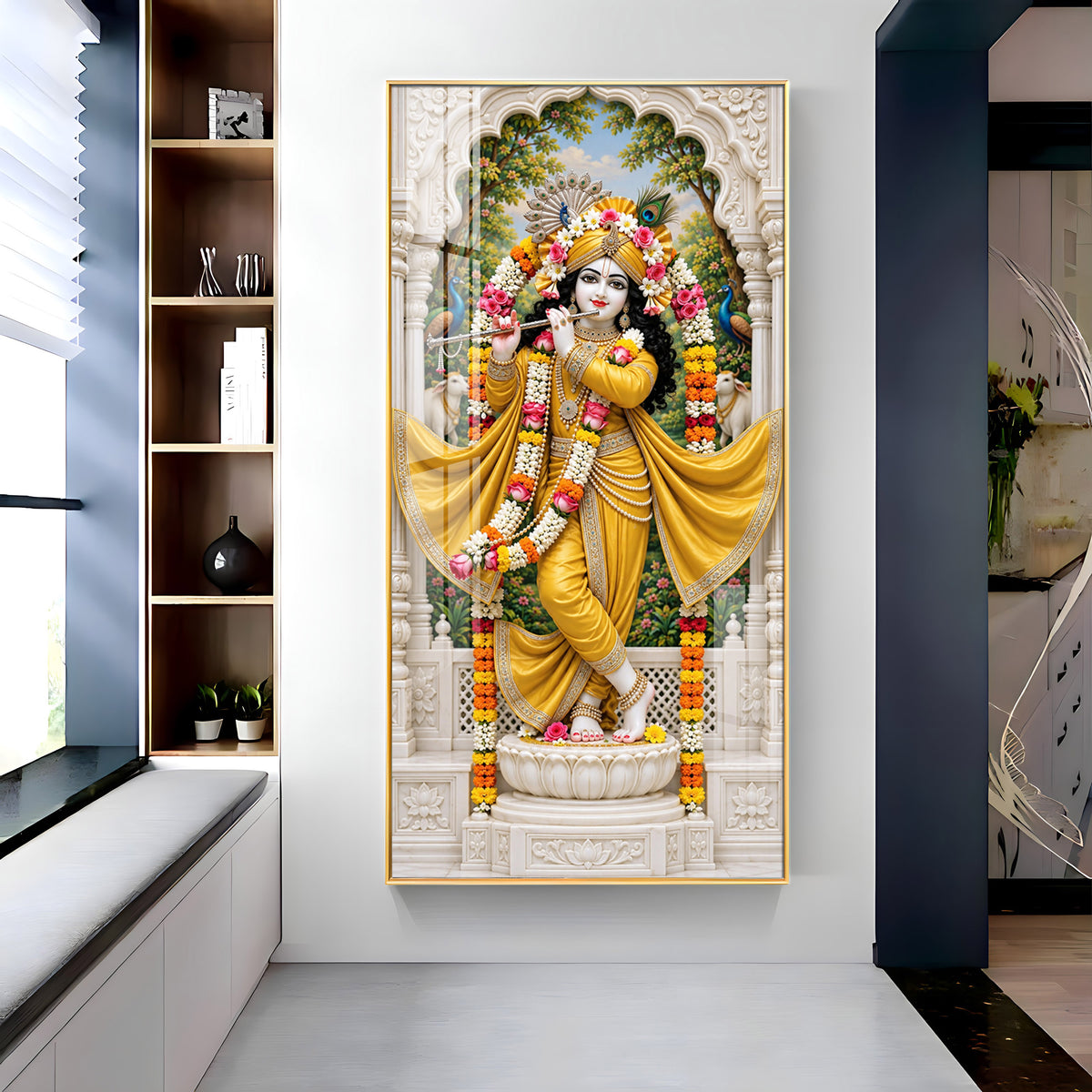 Krishna in Yellow Dress Premium Acrylic Vertical Wall Art