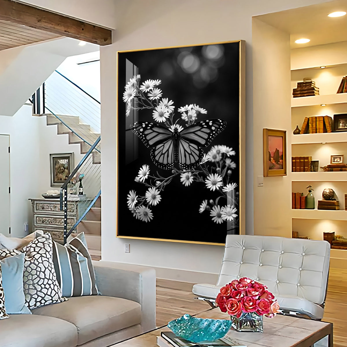 Elegant Black & White Butterfly & Floral Premium Acrylic Vertical Wall Art