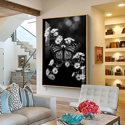 Elegant Black & White Butterfly & Floral Premium Acrylic Vertical Wall Art
