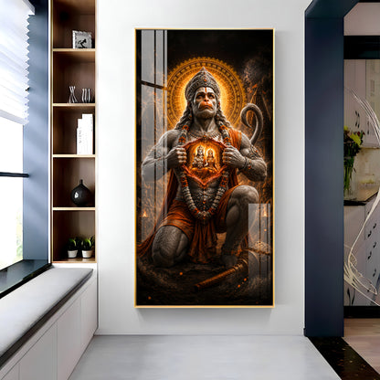 Lord Hanuman Showing Ram Sita In Heart Premium Acrylic Vertical Wall Art