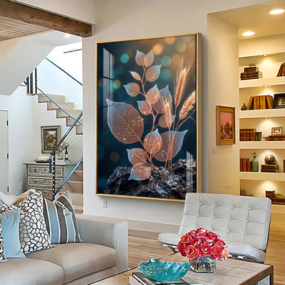Glowing Vein Leaf & Wheat Premium Acrylic Vertical Wall Art
