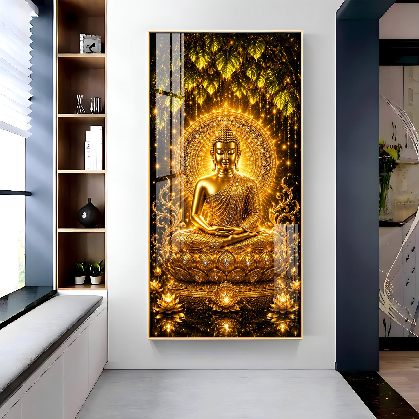Golden Meditating Buddha Premium Acrylic Vertical Wall Art