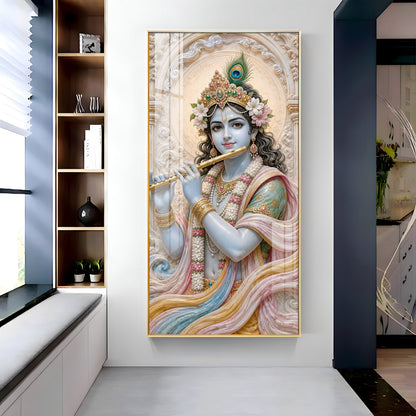 Divine Krishna With Bansuri Premium Acrylic Vertical Wall Art