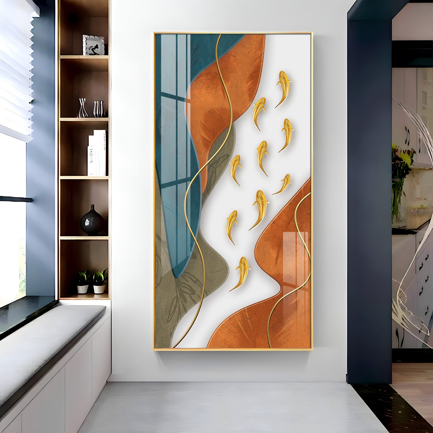 Gold Fish With Abstract Design Premium Acrylic Vertical Wall Art