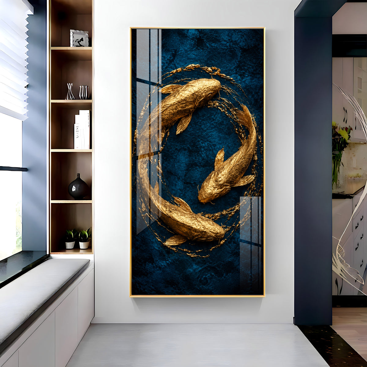 Majestic Golden Koi Circle Background Premium Acrylic Vertical Wall Art