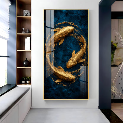 Majestic Golden Koi Circle Background Premium Acrylic Vertical Wall Art