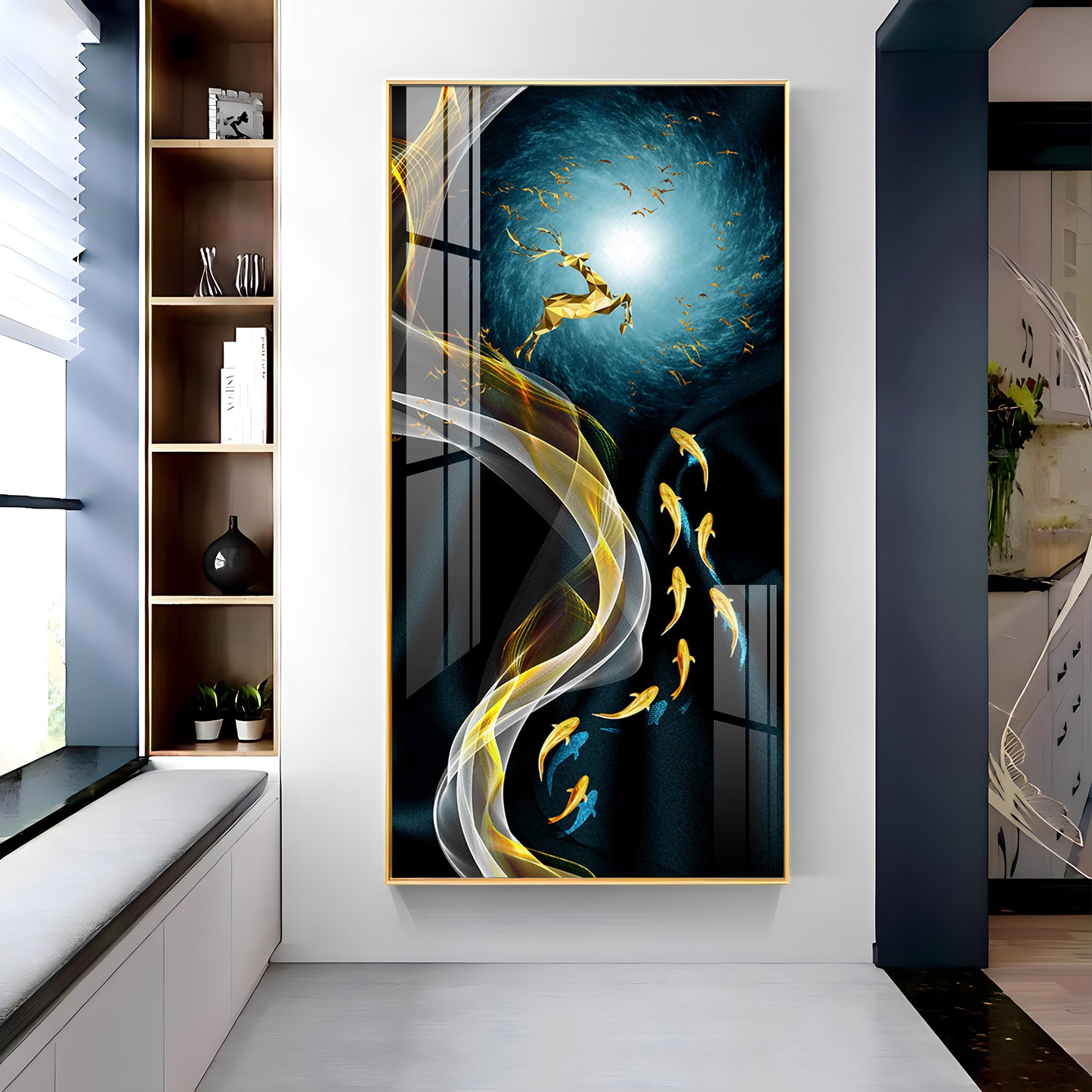 Golden Deer & Fish Premium Acrylic Vertical Wall Art