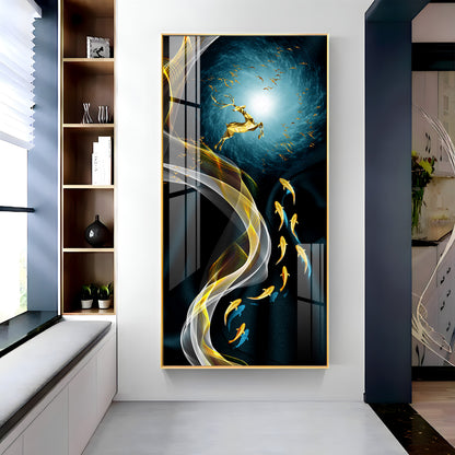 Golden Deer & Fish Premium Acrylic Vertical Wall Art