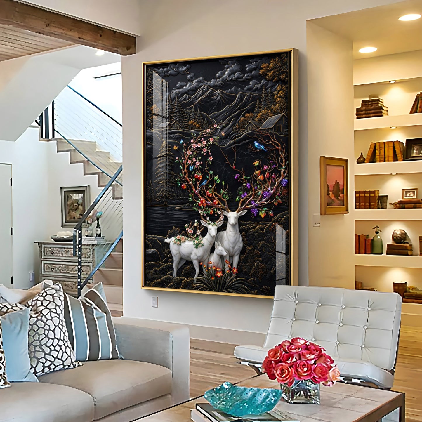 White Deer With Colorful Floral Premium Acrylic Vertical Wall Art