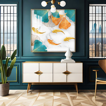 Fishes With Blue & Golden Leaf Premium Acrylic Square Wall Art